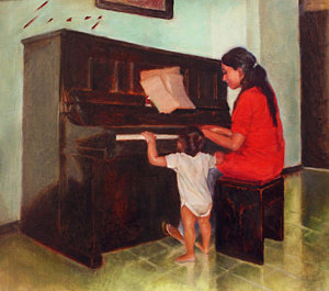 300x265 Woman Playing Piano Paintings - Woman Playing Piano Painting