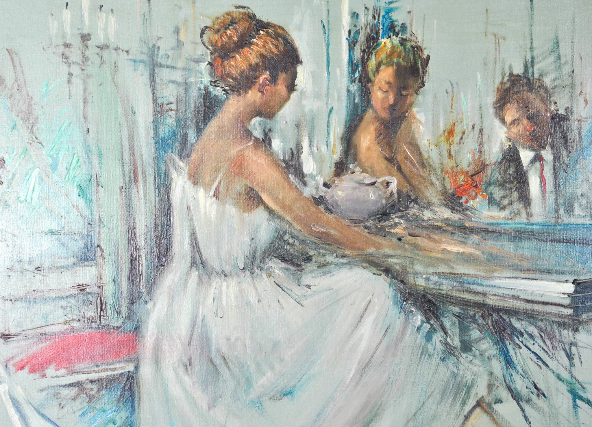 2048x1480 Young Woman Playing Piano By V. Varani C. 1971 Oil Painting - Woman Playing Piano Painting