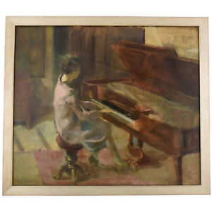 300x300 Art Deco Painting Woman Playing The Piano By Leo Bervoets Belgium - Woman Playing Piano Painting