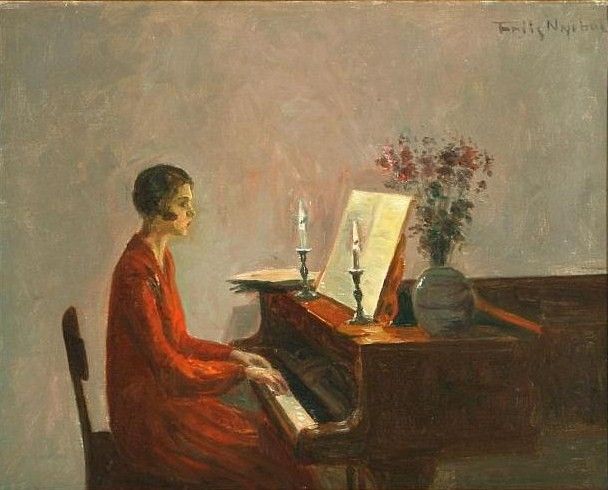 608x490 Artist Poul Friis Nybo The Piano In Art - Woman Playing Piano Painting