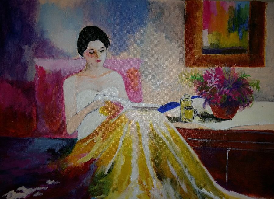 900x654 Girl Reading Book Painting By Artist Popo Singh - Woman Reading A Book Painting