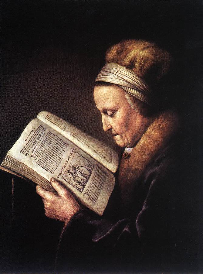 669x902 Old Woman Reading A Bible 1630 Painting Gerrit Dou Oil Paintings - Woman Reading Bible Painting