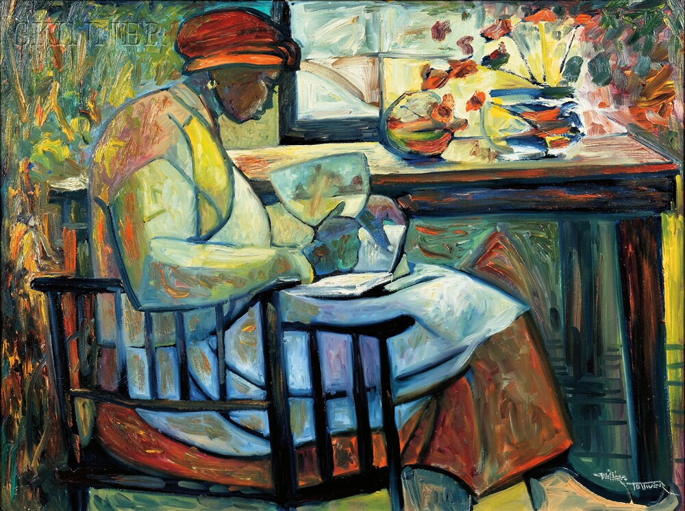 1000x747 William Tolliver (American, 1951 2000) Profile Portrait Of A Woman - Woman Reading Bible Painting