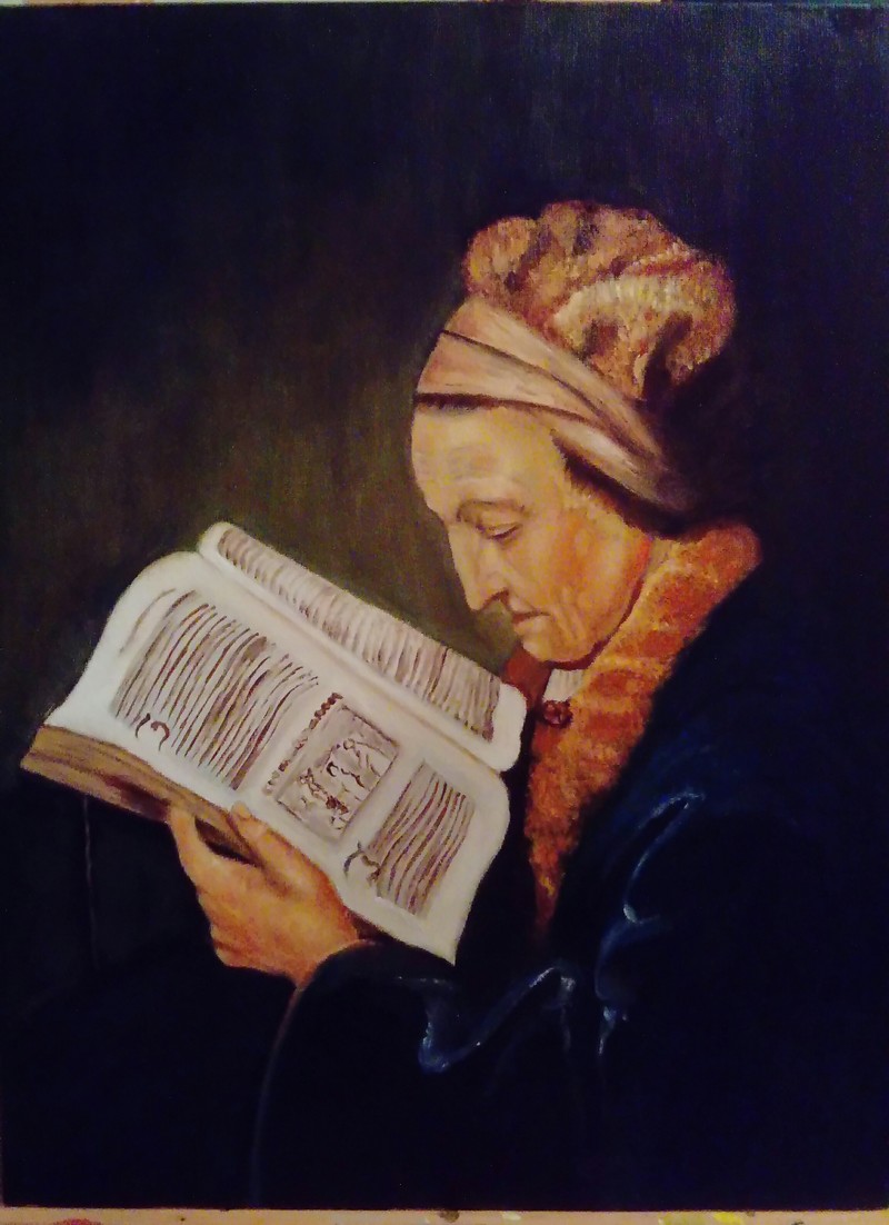 800x1102 Artwork By Litsa Raftopoulou - Woman Reading Bible Painting