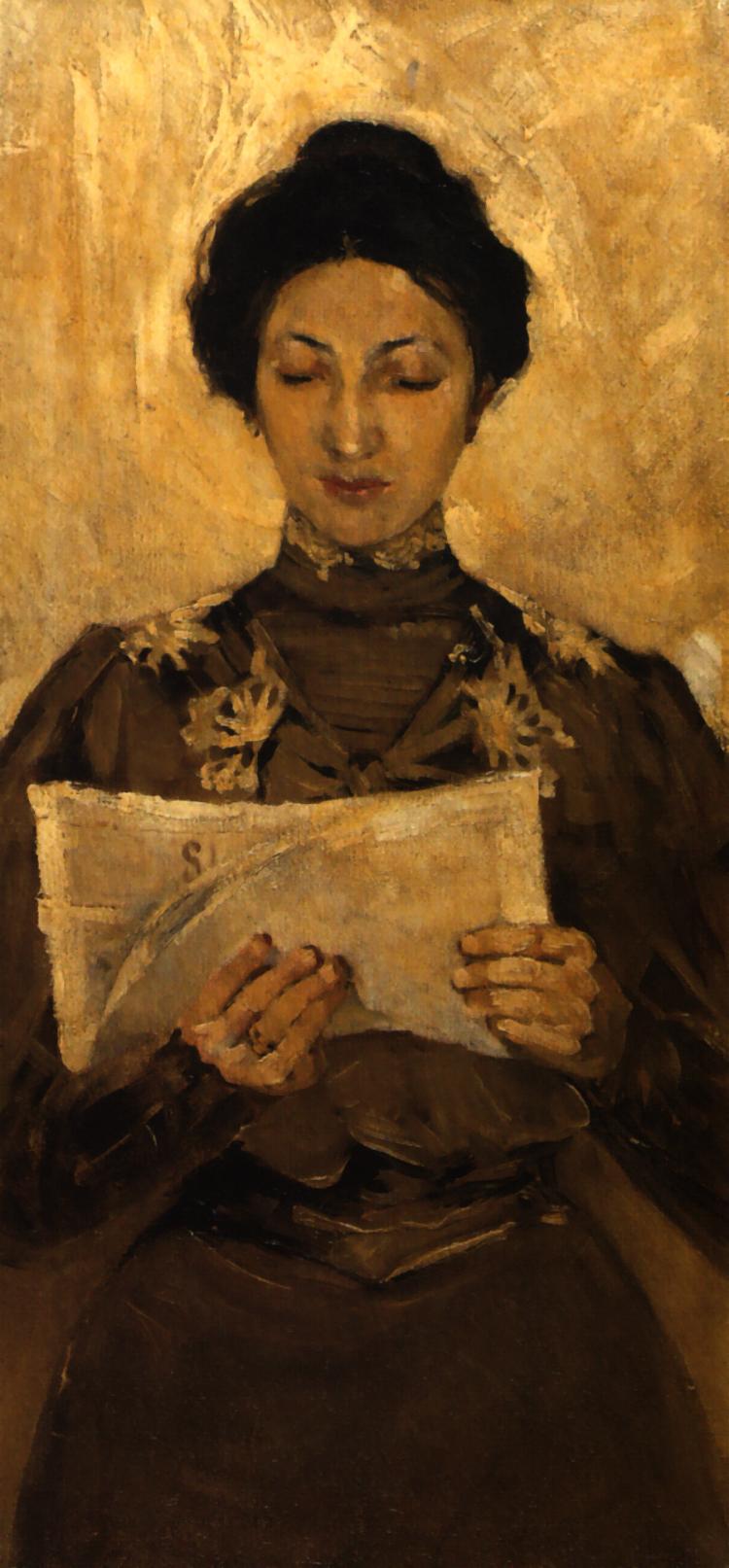 750x1613 Portrait Of A Woman Reading A Newspaper Painting Stanislaw - Woman Reading Painting