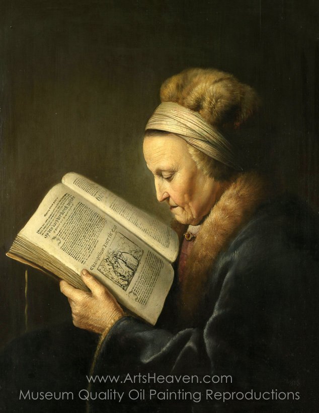 634x820 Reproduction Painting Gerrit Dou Portrait Of An Old Woman Reading - Woman Reading Painting