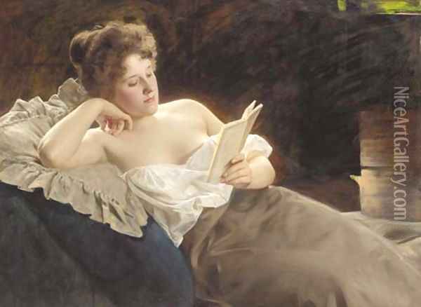 600x438 A Reclining Woman Reading Oil Painting Reproduction By Albert - Woman Reading Painting