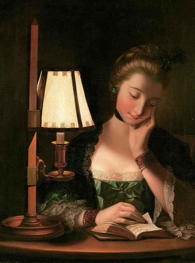 668x900 Woman Reading By A Paper Bell Shade Painting By Henry Robert Morland - Woman Reading Painting