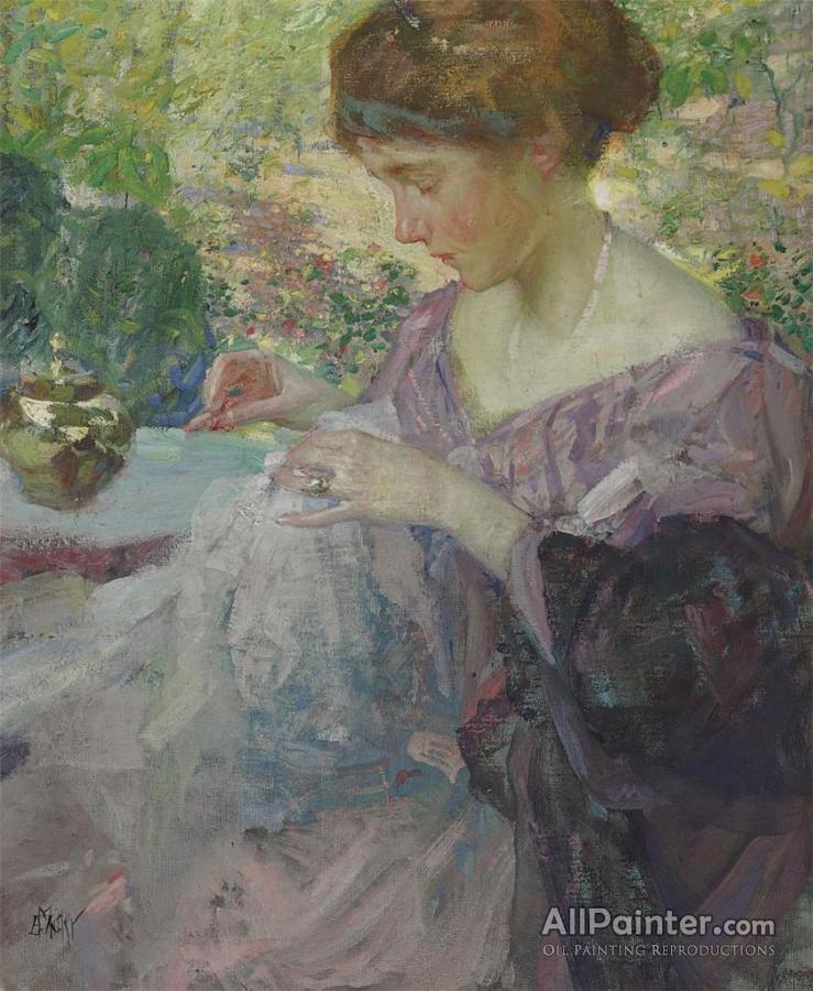 739x900 Richard Edward Miller Young Woman Sewing Oil Painting - Woman Sewing Painting