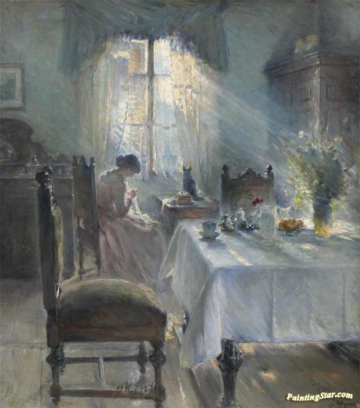 705x800 Woman Sewing In An Interior Artwork By Bertha Wegmann Oil Painting - Woman Sewing Painting