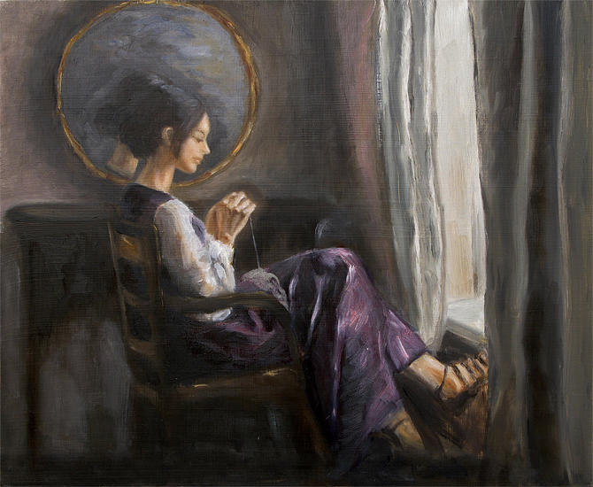 670x550 Woman Sewing Painting By Alma Dankoff - Woman Sewing Painting