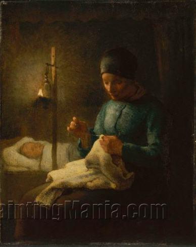 388x489 Woman Sewing Beside Her Sleeping Child - Woman Sewing Painting