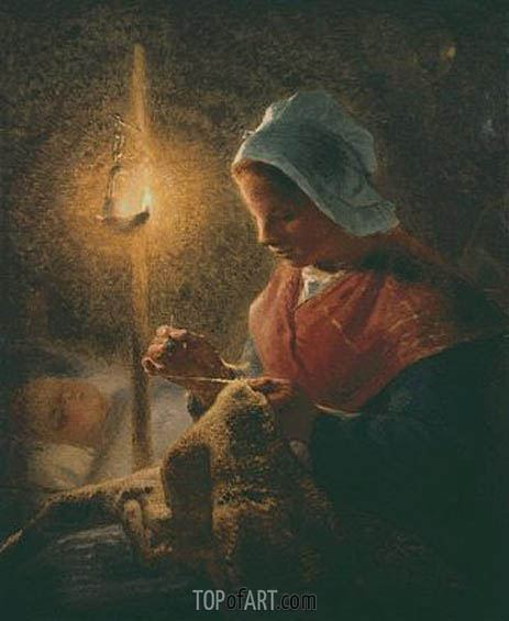 463x565 Woman Sewing By Lamplight Millet Painting Reproduction 3333 - Woman Sewing Painting