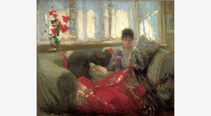 800x442 Woman Sewing By Philip Wilson Steer - Woman Sewing Painting