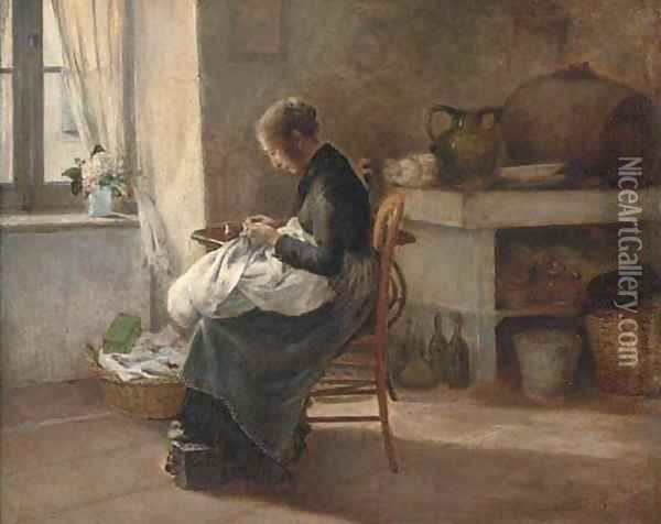 600x476 Woman Sewing In An Interior Oil Painting Reproduction By Marie - Woman Sewing Painting