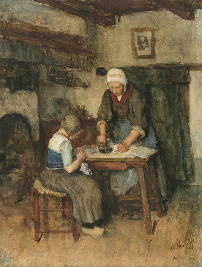 680x900 Interior With Woman Ironing And Sewing Child Painting By Albert - Woman Sewing Painting