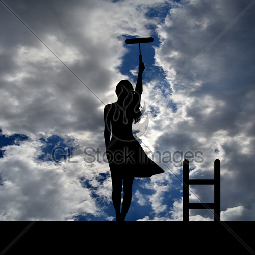 500x500 Woman Silhouette With Ladder On The Roof Painting The Sky Gl - Woman Silhouette Painting