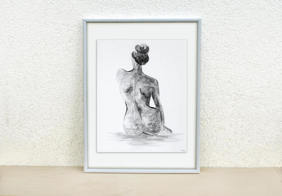 570x396 Woman Silhouette. Minimal Art. Woman Painting. Black And White - Woman Silhouette Painting