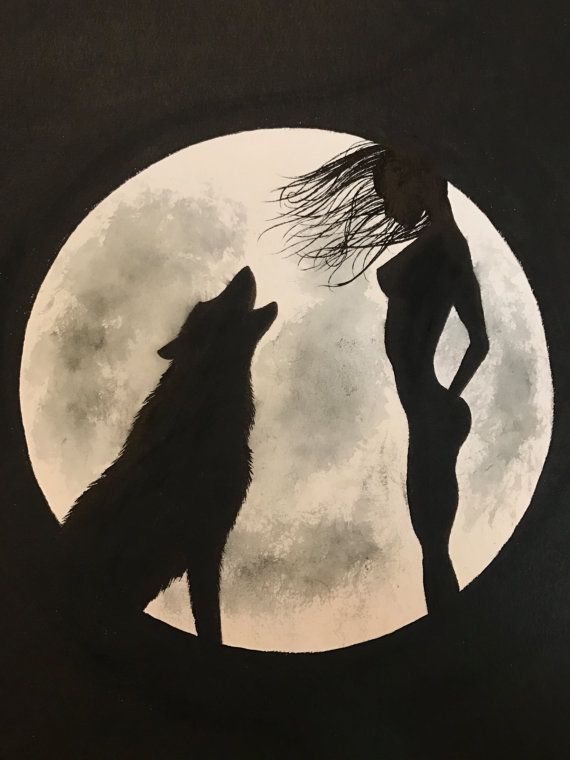 570x760 Black And White Painting Of A Girl And A Wolf Howling - Woman Silhouette Painting