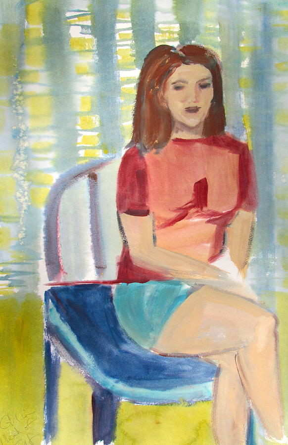 582x900 Girl In Red Sweater Sitting In Blue Chair Painting By Betty Pieper - Woman Sitting In Chair Painting
