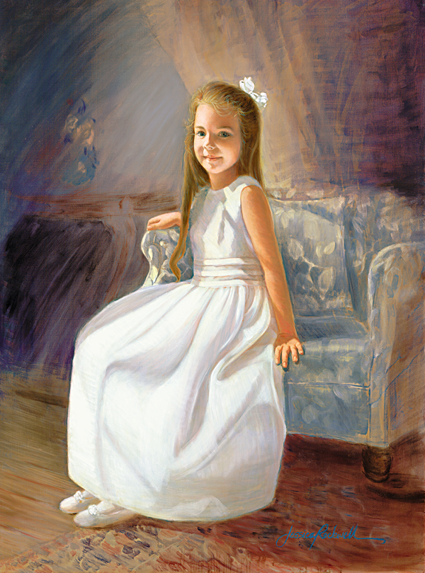 600x809 Oil Portrait Of A Little Girl Taylor By Jessica Rockwell - Woman Sitting On Chair Painting