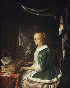 300x376 A Young Lady Playing A Clavichord - Woman Sitting On Chair Painting