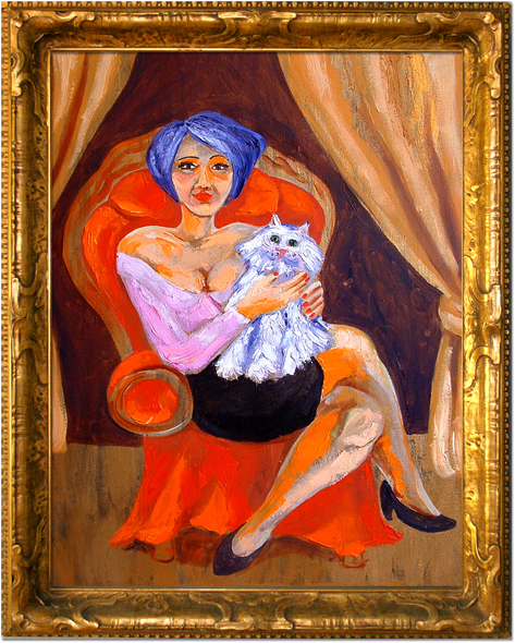 473x590 For The Love Of Cats Humorous Portrait Of A Woman Posing - Woman Sitting On Chair Painting