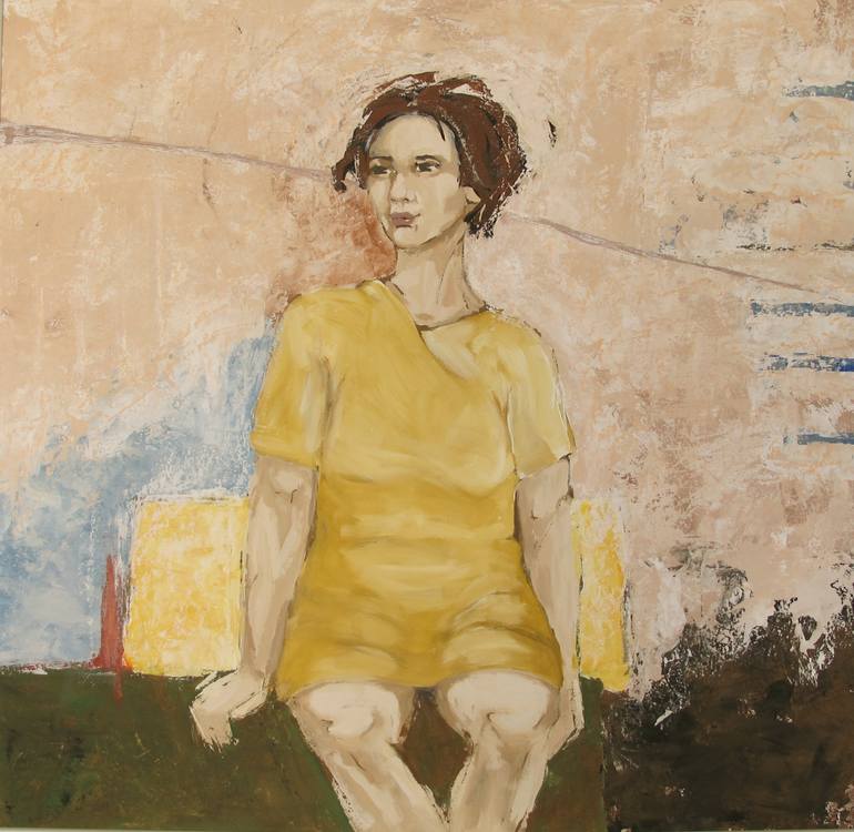 770x750 Saatchi Art Sitting Woman In A Yellow Dress Painting By Jutta Bressem - Woman Sitting Painting