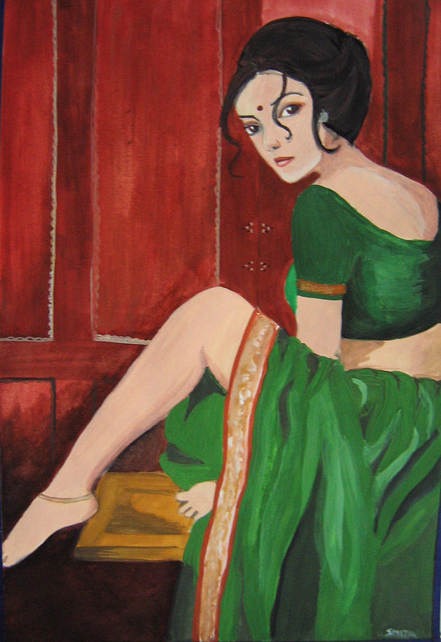 619x900 Woman Sitting On A Table Painting By Smita Medpalliwar - Woman Sitting Painting