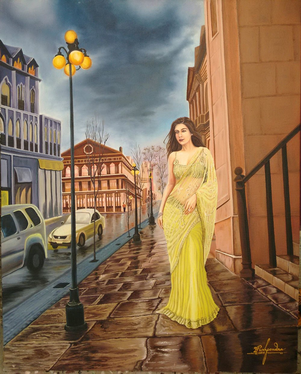 1000x1244 Buy Young Lady Standing On Footpath Handmade Painting By - Woman Sitting Painting