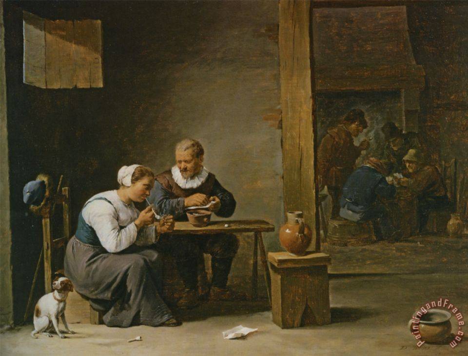 960x732 David The Younger Teniers A Man And Woman Smoking A Pipe Seated - Woman Smoking Painting