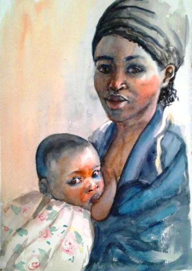 375x530 Saatchi Art African Woman With Child Painting By Antonia Del Olmo - Woman With Child Painting