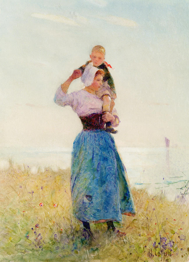 649x900 Woman And Child In A Meadow Painting By Hector Caffieri - Woman With Child Painting