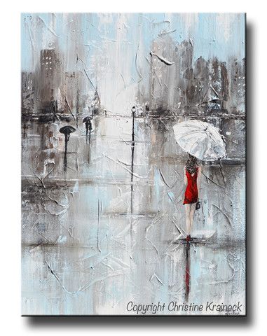 381x480 Giclee Print Art Abstract Painting Girl White Umbrella Red Dress - Woman With Red Umbrella Painting