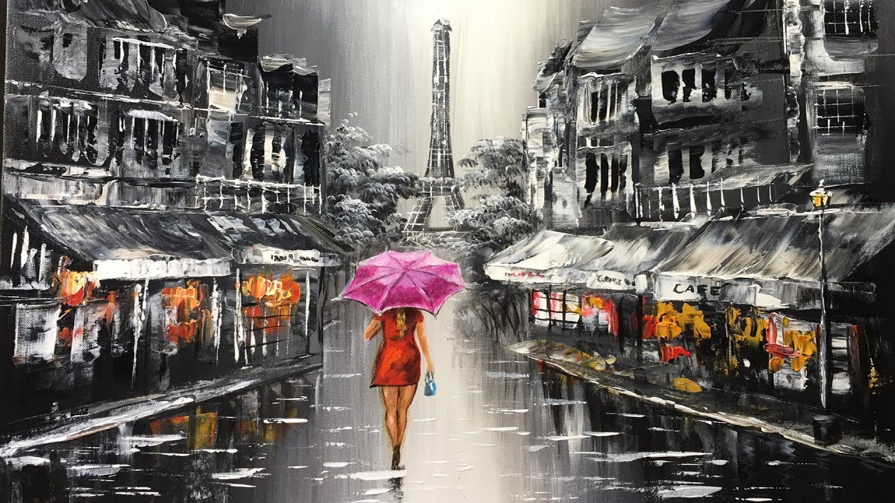 1280x720 Lady With Red Umbrella Walking On The Street Of Paris Acryliic - Woman With Red Umbrella Painting