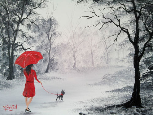494x371 Paintings Of Couples In The Rain - Woman With Red Umbrella Painting