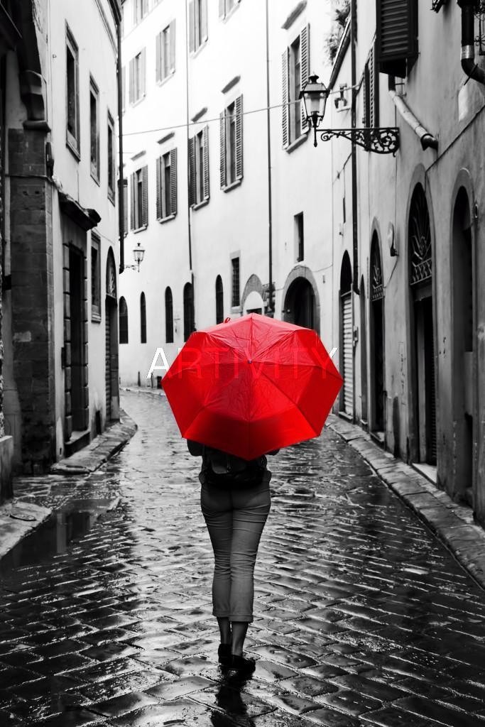 683x1024 Woman With Red Umbrella On Cobblestone Street In The Old Town On Sale - Woman With Red Umbrella Painting