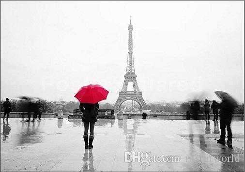 506x356 2018 Framed Woman With Red Umbrella Paris Eiffel Tower,genuine - Woman With Red Umbrella Painting