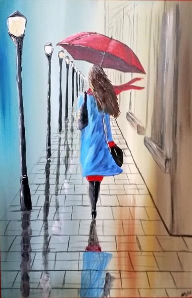 388x600 A Stunning Painting Of A Lady Heading Towards Home With Her Red - Woman With Red Umbrella Painting