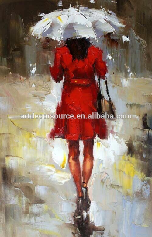 500x778 Knife Oil Painting Of Red Coat Woman With Umbrella - Woman With Umbrella Painting