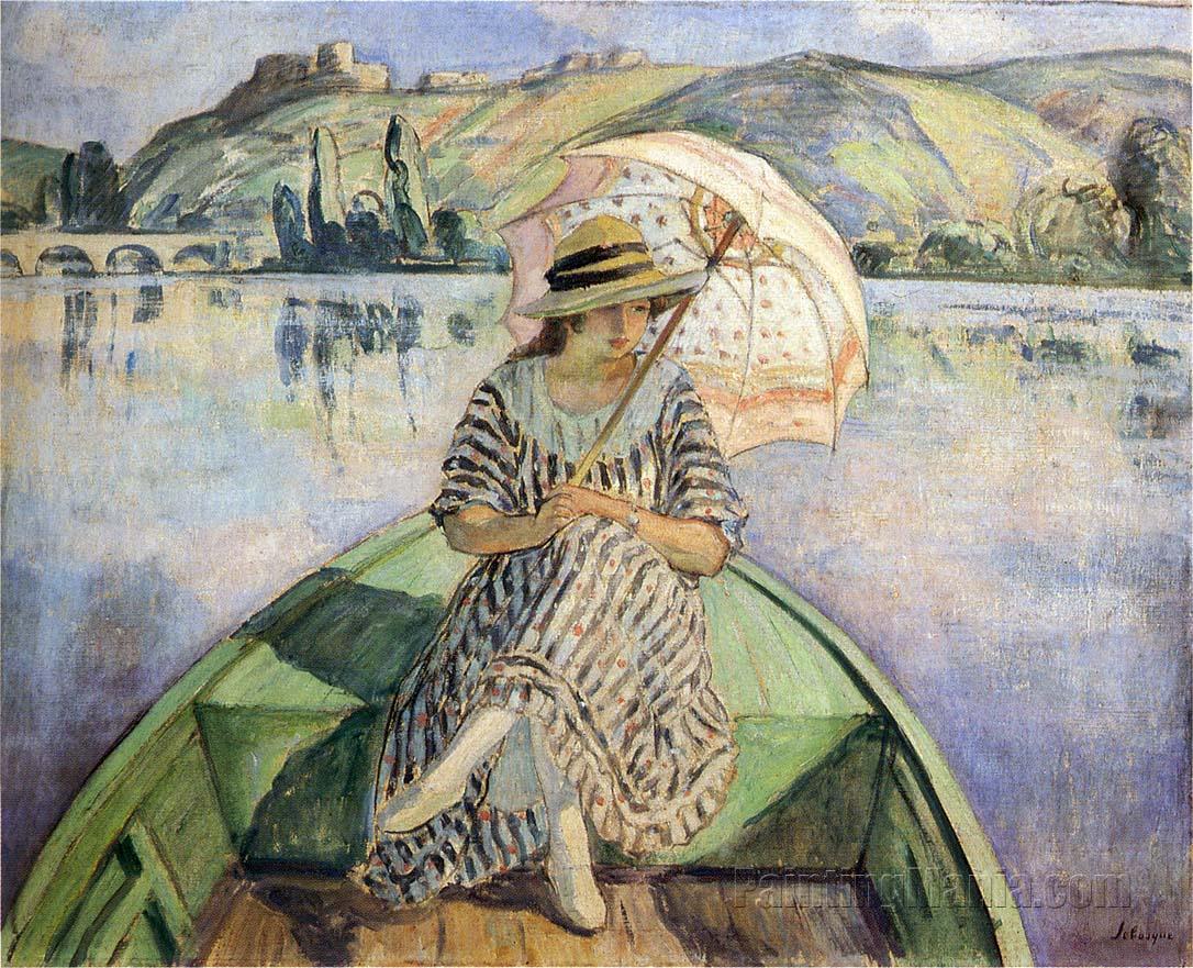 1086x881 Woman In A Boat With An Umbrella - Woman With Umbrella Painting