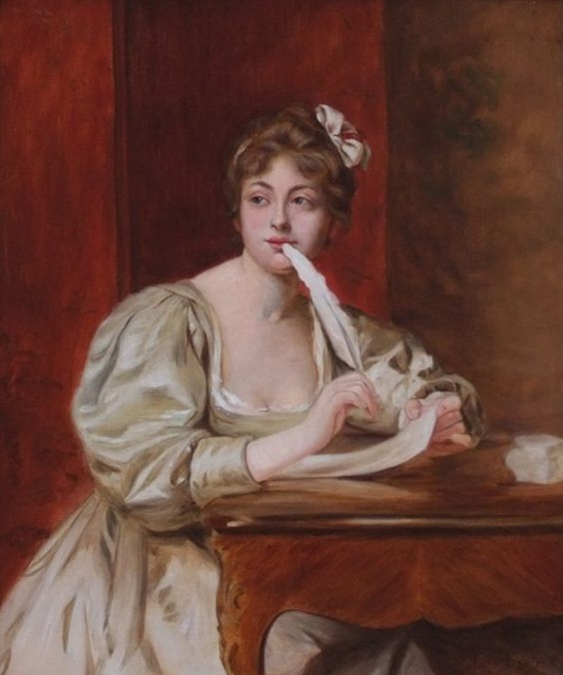 800x959 Young Woman Writing Painting Auguste De La Brely Oil Paintings - Woman Writing Painting