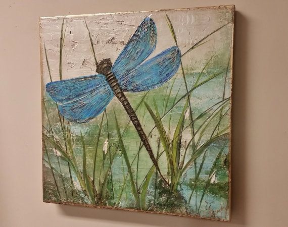 570x450 Original Dragonfly Painting, Hand Painted Textured Blue Dragonfly - Wood Canvas Painting