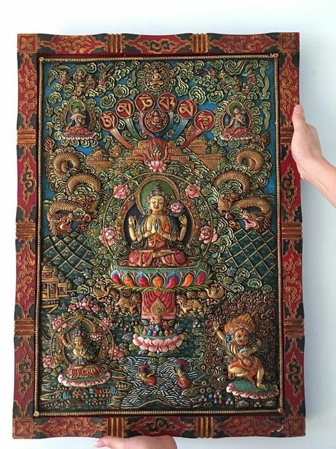 480x640 Nepal Buddhism Wood Carving Painting Four Arms Kwan Yin Buddha - Wood Carving Painting
