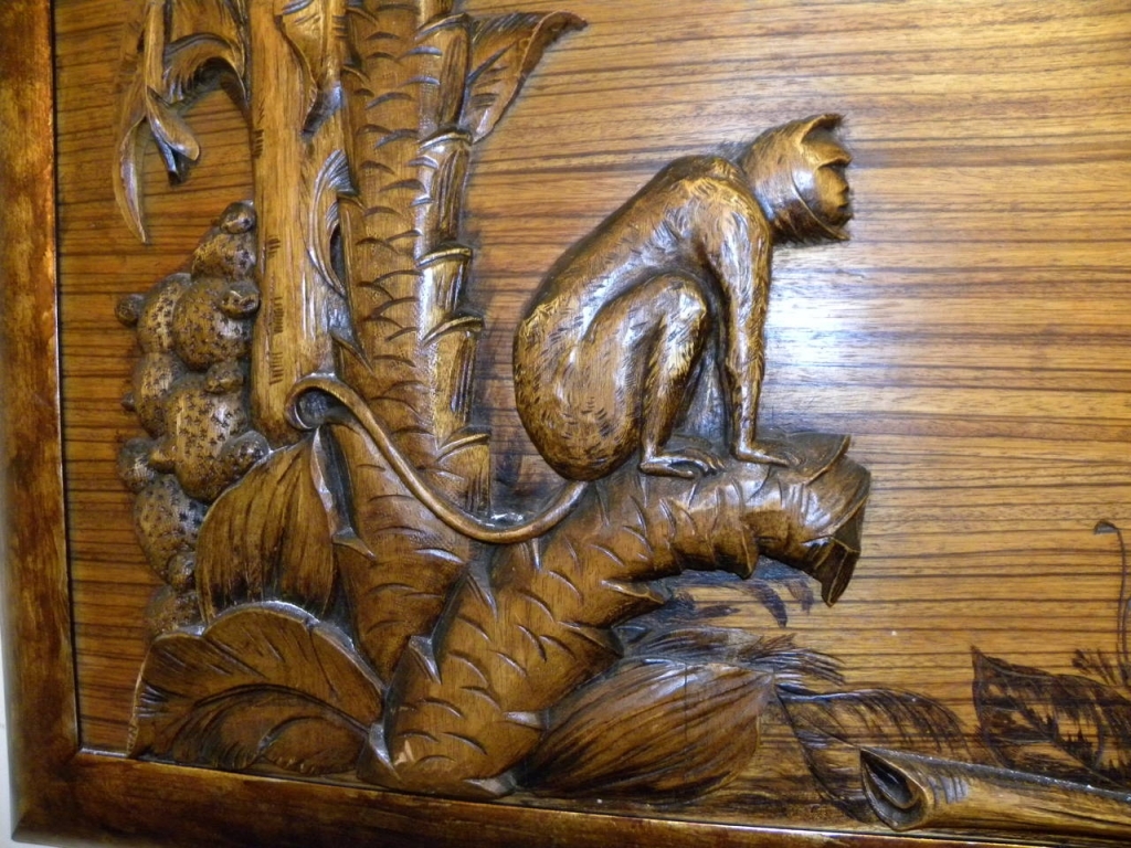 1024x768 Tropical Art Deco Jungle Scene Carved Panel On Zebra Wood Painting - Wood Carving Painting