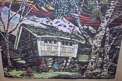 400x266 Vintage Original Woodcut Painting By Olive Nordby In Wood Frame - Woodcut Painting