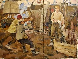 300x228 Russian Ukrainian Soviet Oil Painting Building Workers Genre - Workers Painting