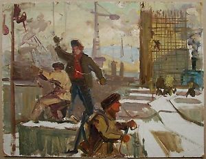 300x232 Russian Ukrainian Soviet Oil Painting Building Workers Realism - Workers Painting