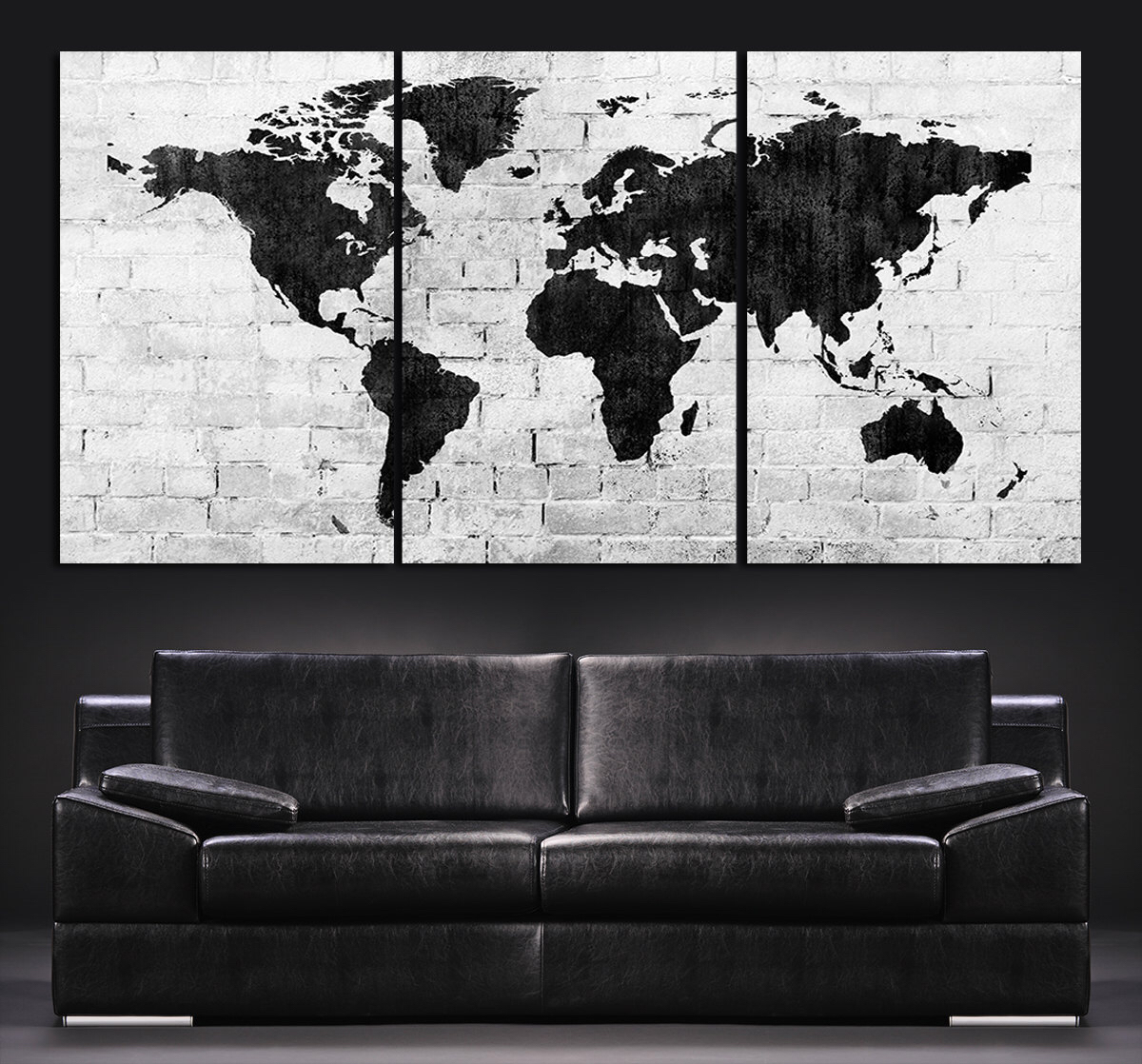 1200x1118 Interior Large World Map Black And White Canvas Art 3 Panels - World Map Painting Black And White
