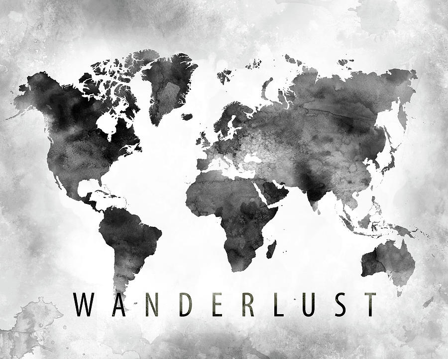 900x720 World Map Black And White Watercolor Painting By Dim Dom - World Map Painting Black And White